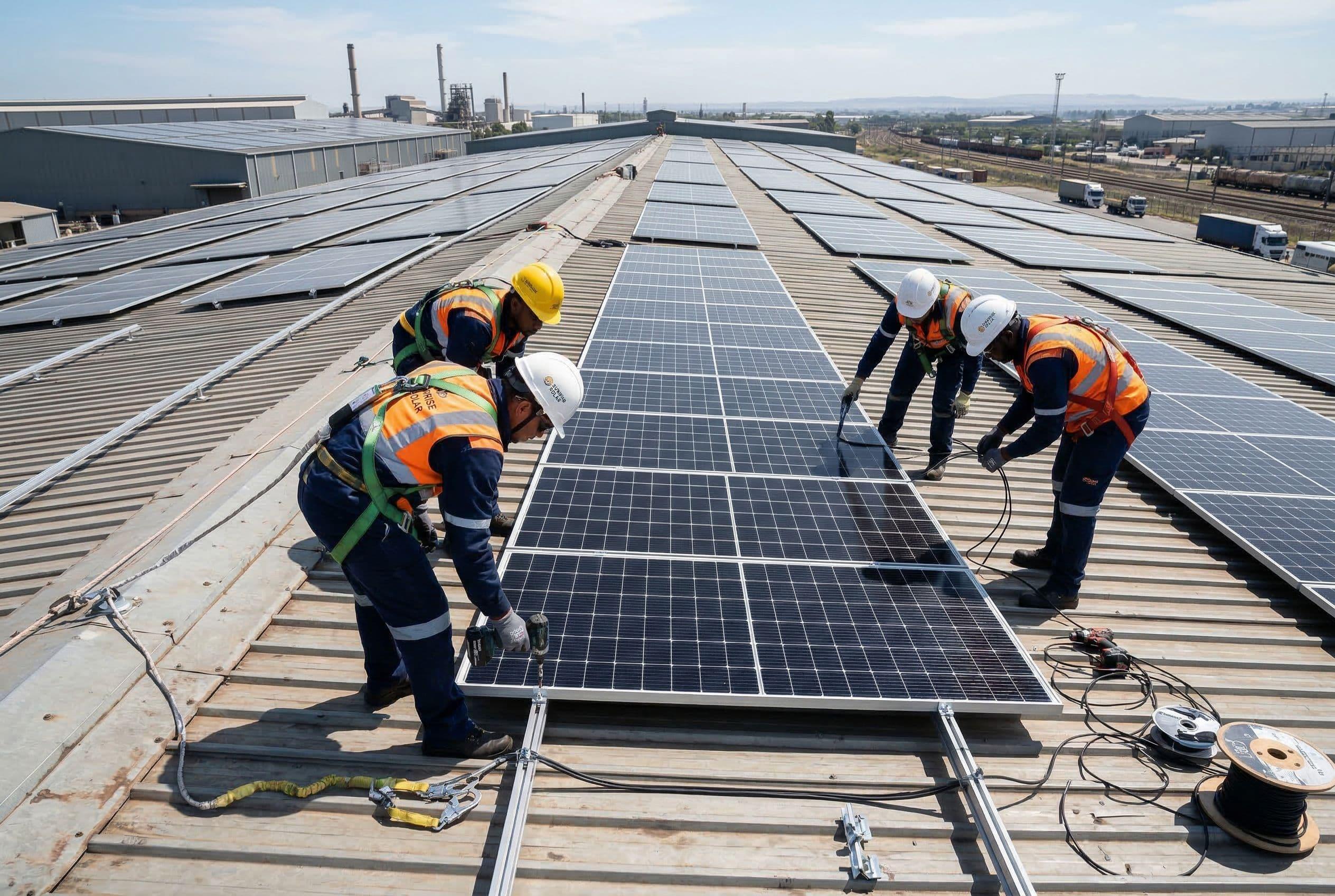 Techniciens installant des panneaux solaires